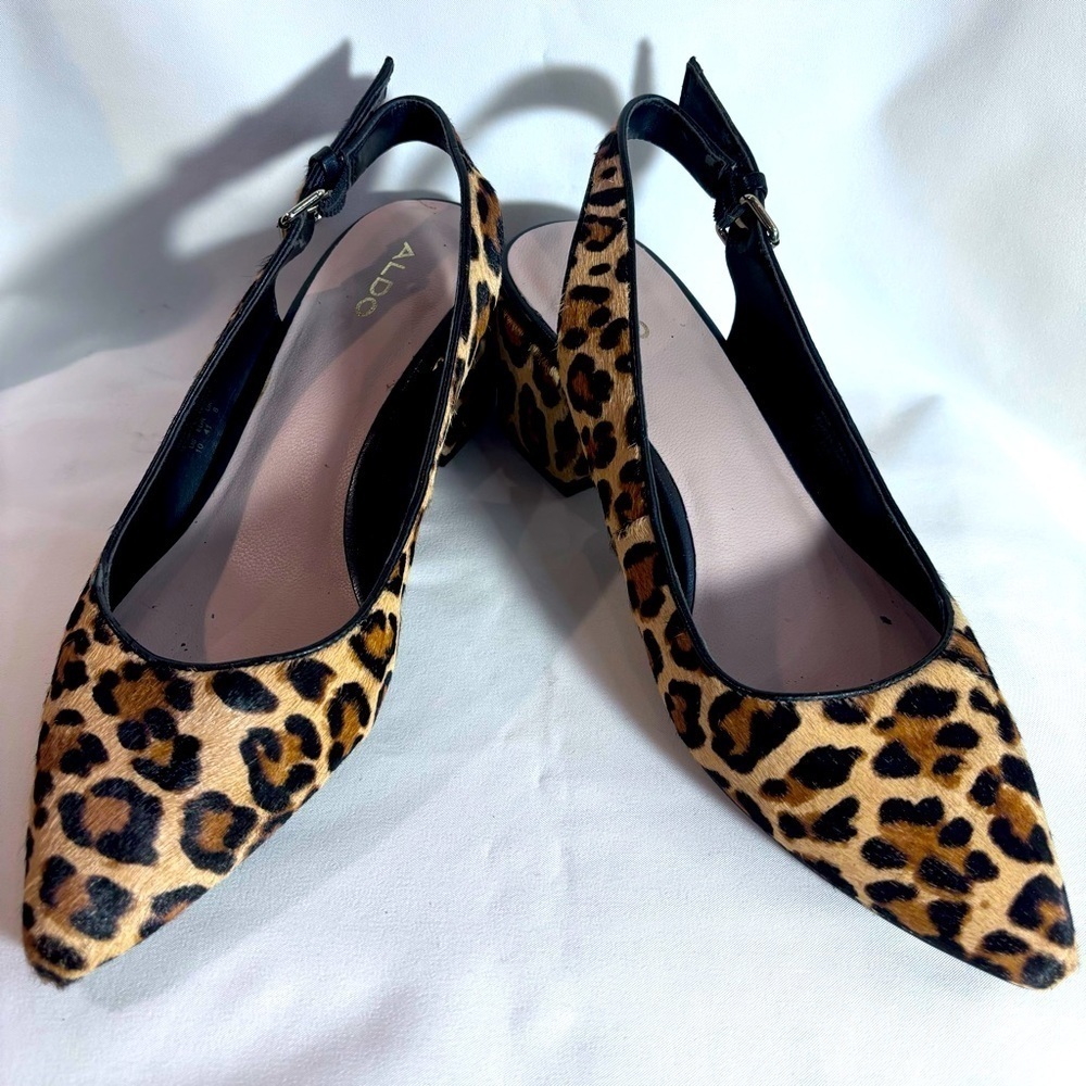 ALDO Sz 10 Slingback Animal Print Pony Hair Block Heel Pointy Toe Buckle Closure